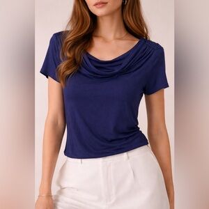 Linea Domani Navy Cowl Neck Top Short Sleeve Ruched Back Made in Canada